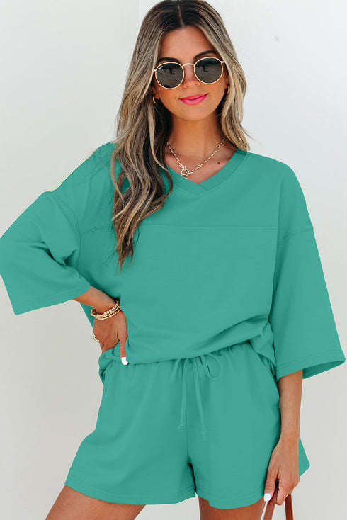 Solid Loose Casual V Neck Half Sleeve Short Sets
