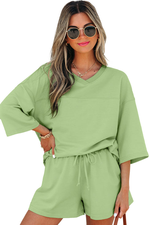 Solid Loose Casual V Neck Half Sleeve Short Sets