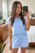 Solid Loose Polo Tee Elastic Waist Two Piece Short Set