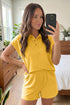 Solid Loose Polo Tee Elastic Waist Two Piece Short Set