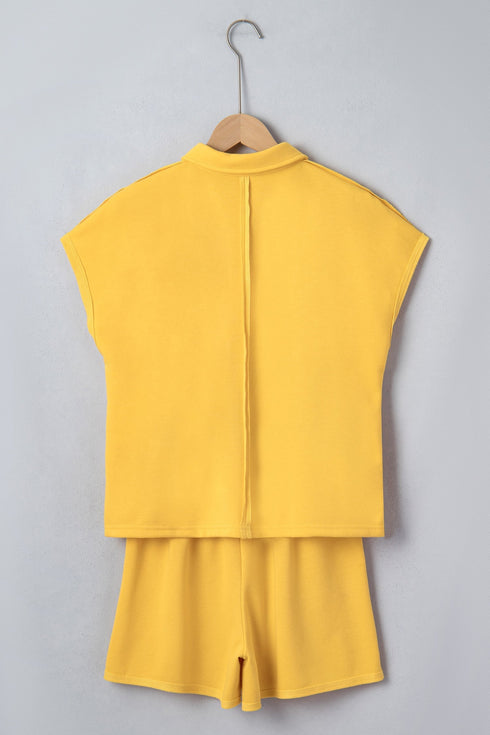 Solid Loose Polo Tee Elastic Waist Two Piece Short Set
