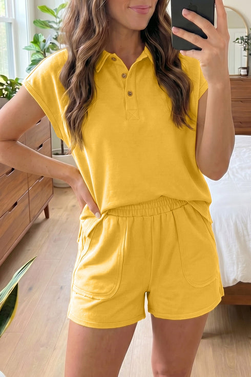 Solid Loose Polo Tee Elastic Waist Two Piece Short Set