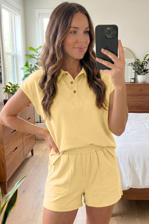 Solid Loose Polo Tee Elastic Waist Two Piece Short Set