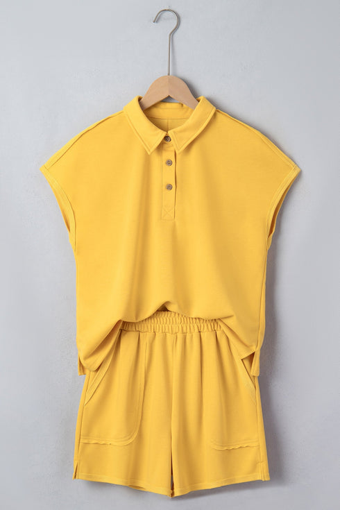Solid Loose Polo Tee Elastic Waist Two Piece Short Set
