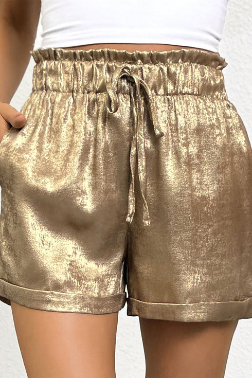 Solid Metallic Luster Tie Elastic Waist Cuffed Casual Shorts