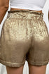 Solid Metallic Luster Tie Elastic Waist Cuffed Casual Shorts