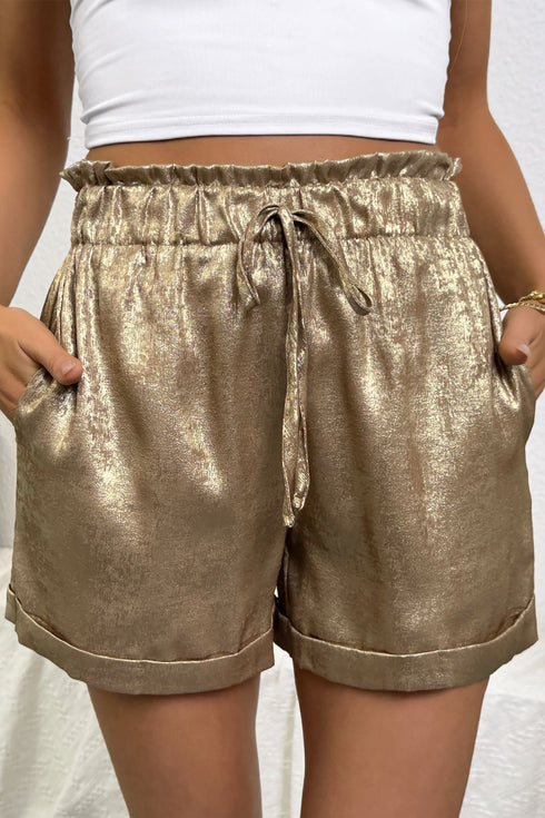 Solid Metallic Luster Tie Elastic Waist Cuffed Casual Shorts
