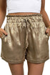 Solid Metallic Luster Tie Elastic Waist Cuffed Casual Shorts