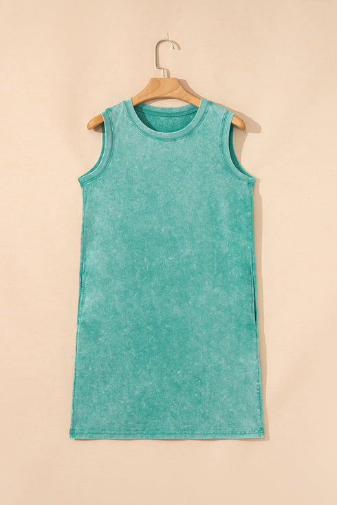 Solid Mineral Wash Cotton Tank Pocket Mini Dress