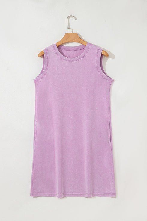 Solid Mineral Wash Cotton Tank Pocket Mini Dress