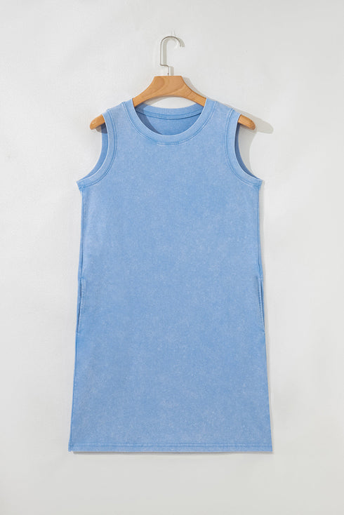 Solid Mineral Wash Cotton Tank Pocket Mini Dress