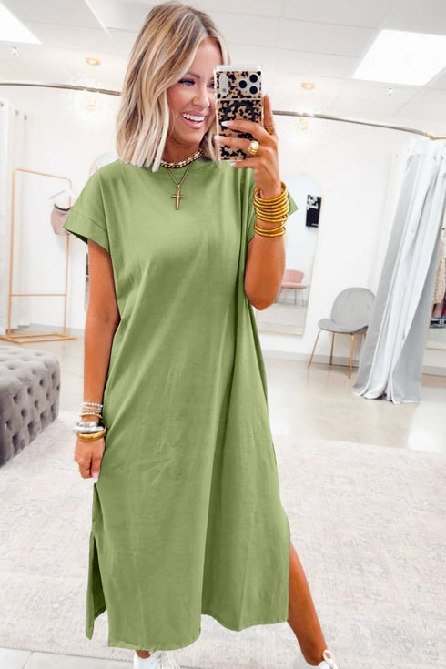 Solid Minimalist Long Slit H Line T Shirt Dress