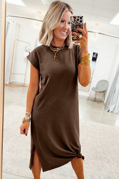 Solid Minimalist Long Slit H Line T Shirt Dress
