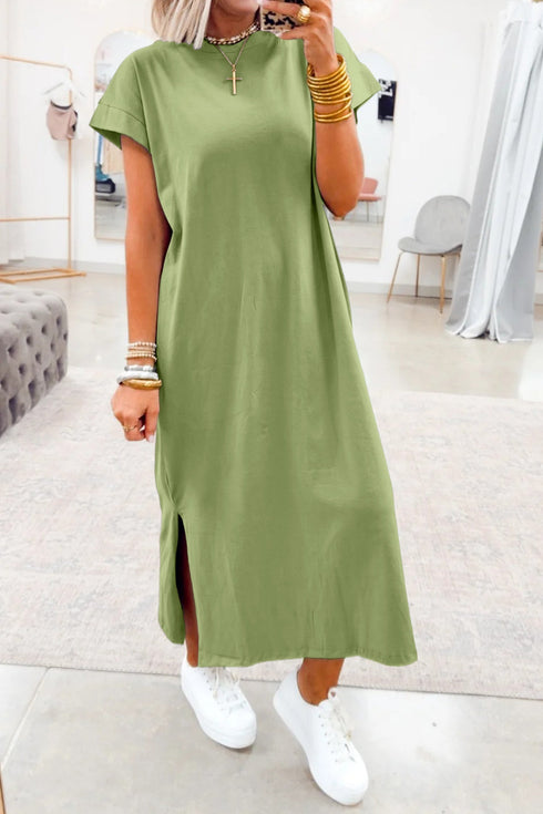 Solid Minimalist Long Slit H Line T Shirt Dress