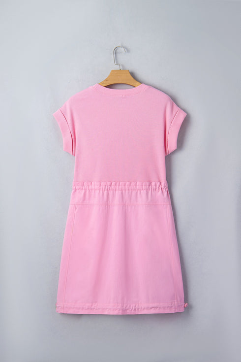 Solid Mixed Fabric Patchwork Drawstring Short Sleeve Mini Dress