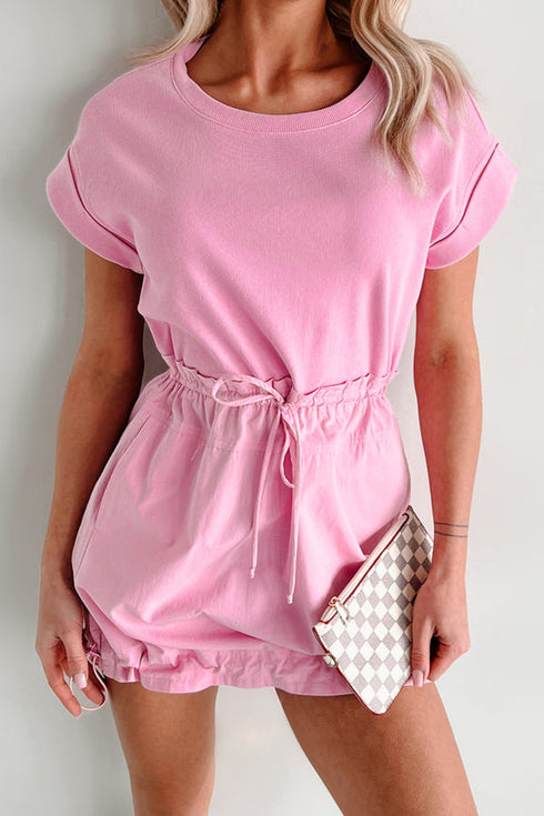 Solid Mixed Fabric Patchwork Drawstring Short Sleeve Mini Dress