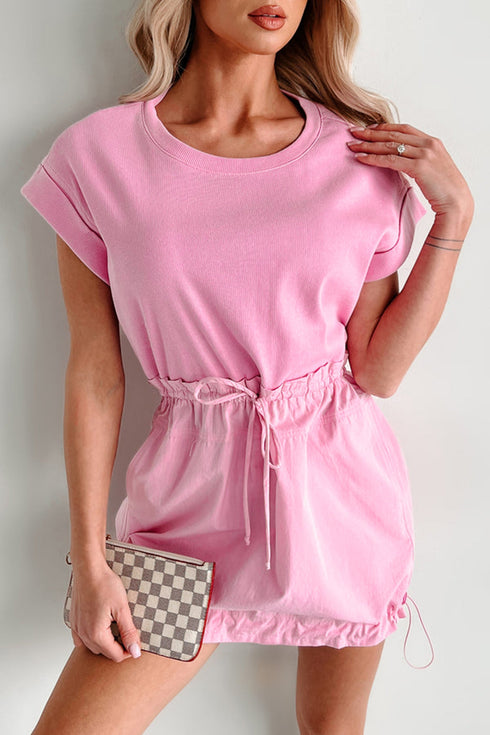 Solid Mixed Fabric Patchwork Drawstring Short Sleeve Mini Dress