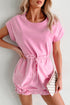 Solid Mixed Fabric Patchwork Drawstring Short Sleeve Mini Dress