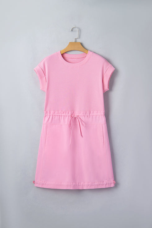 Solid Mixed Fabric Patchwork Drawstring Short Sleeve Mini Dress