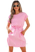 Solid Mixed Fabric Patchwork Drawstring Short Sleeve Mini Dress