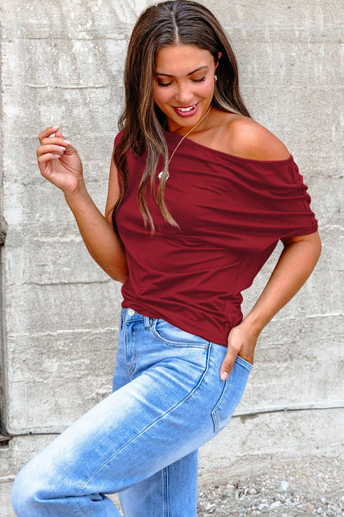 Solid Modern Asymmetrical Neckline Short Sleeve Top
