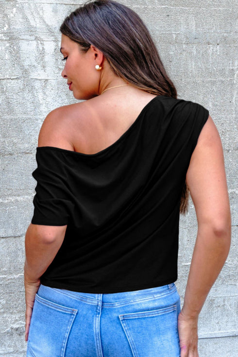 Solid Modern Asymmetrical Neckline Short Sleeve Top