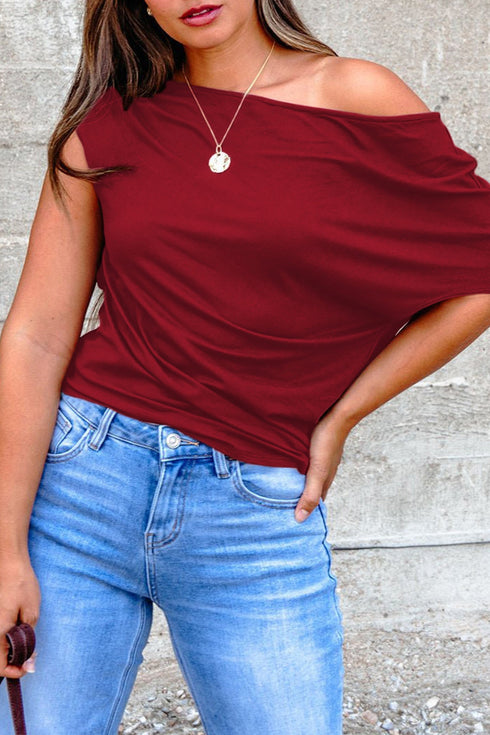 Solid Modern Asymmetrical Neckline Short Sleeve Top