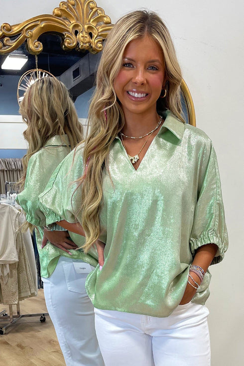 Solid Modern Metallic Collared V Neck Half Sleeve Blouse