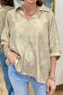Solid Modern Metallic Collared V Neck Half Sleeve Blouse