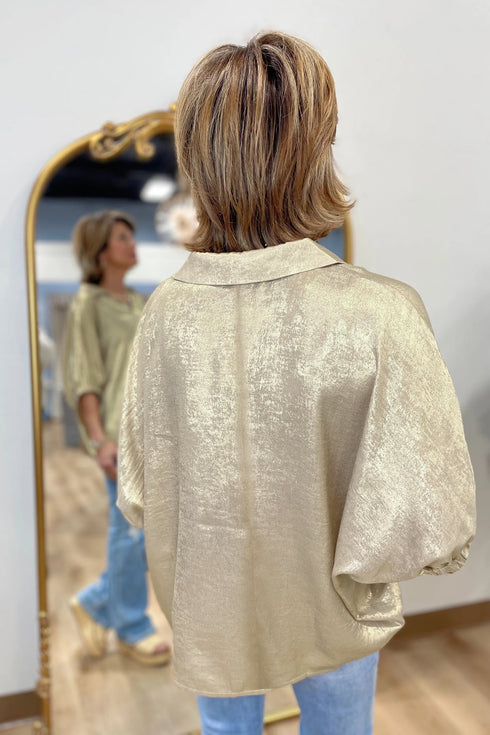 Solid Modern Metallic Collared V Neck Half Sleeve Blouse