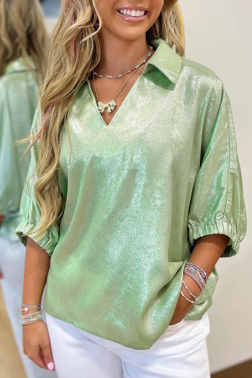 Solid Modern Metallic Collared V Neck Half Sleeve Blouse
