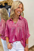 Solid Modern Metallic Collared V Neck Half Sleeve Blouse