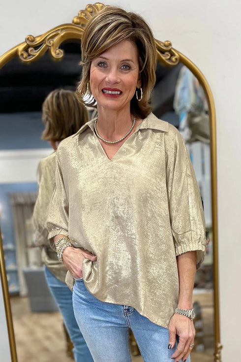 Solid Modern Metallic Collared V Neck Half Sleeve Blouse