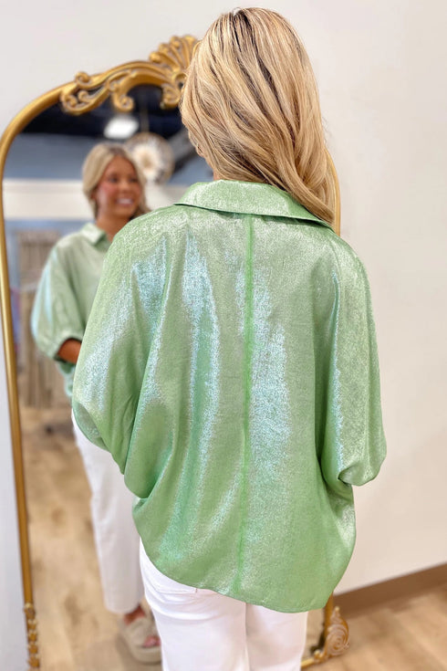 Solid Modern Metallic Collared V Neck Half Sleeve Blouse