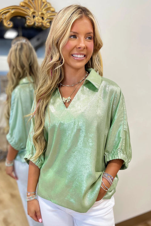 Solid Modern Metallic Collared V Neck Half Sleeve Blouse