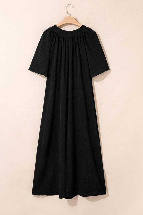 Solid Notched Neck Short Sleeve Loose Maxi Dress