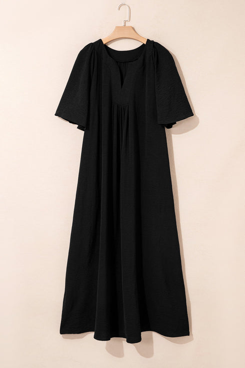 Solid Notched Neck Short Sleeve Loose Maxi Dress