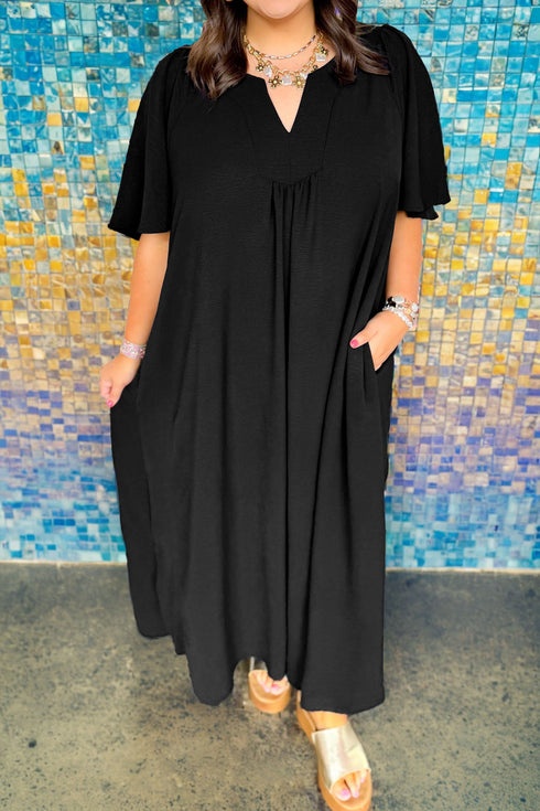 Solid Notched Neck Short Sleeve Loose Maxi Dress