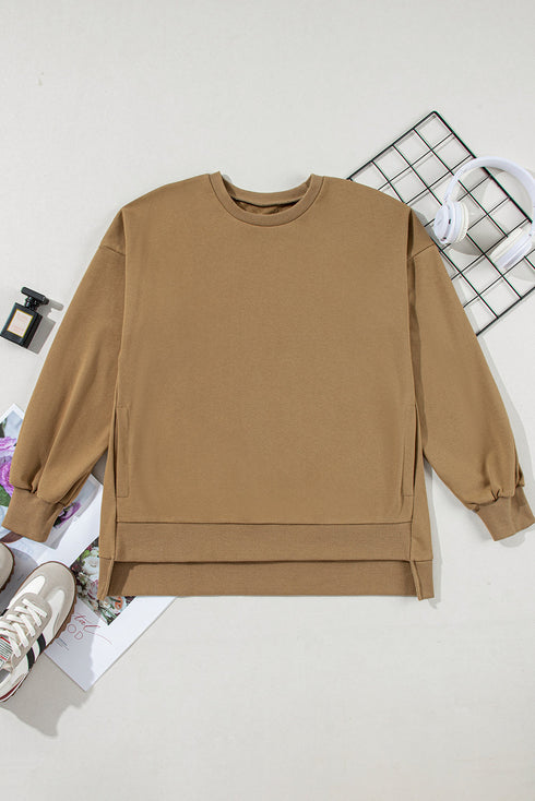 Solid O Neck High Low Hem Pullover Sweatshirt