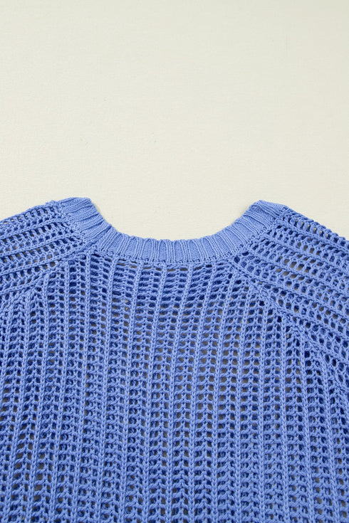 Solid Open Knit Bow Tie Detail Short Sleeve Sweater