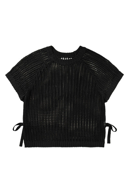 Solid Open Knit Bow Tie Detail Short Sleeve Sweater