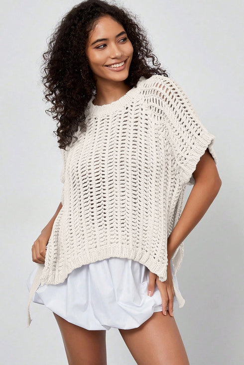 Solid Open Knit Bow Tie Detail Short Sleeve Sweater
