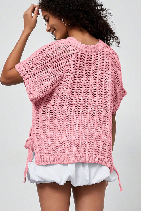 Solid Open Knit Bow Tie Detail Short Sleeve Sweater