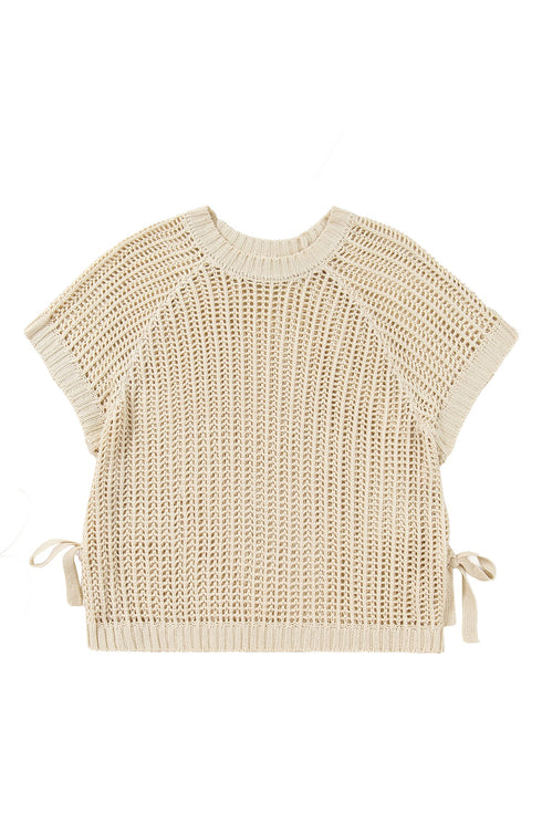 Solid Open Knit Bow Tie Detail Short Sleeve Sweater