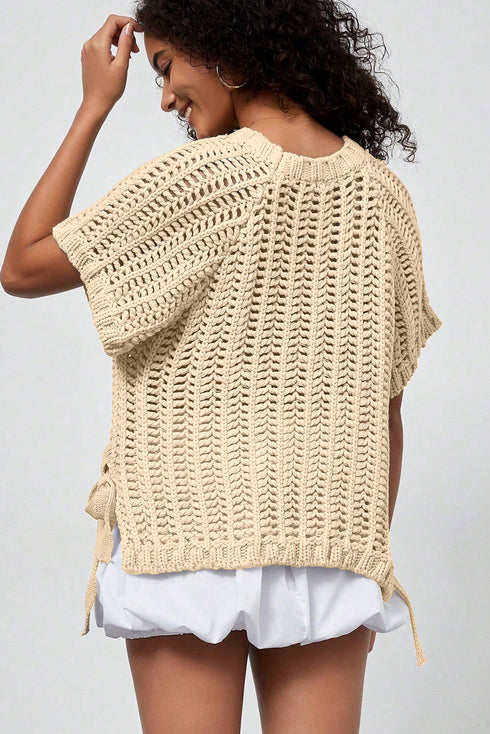 Solid Open Knit Bow Tie Detail Short Sleeve Sweater