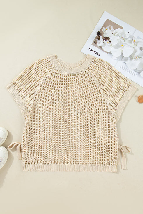 Solid Open Knit Bow Tie Detail Short Sleeve Sweater