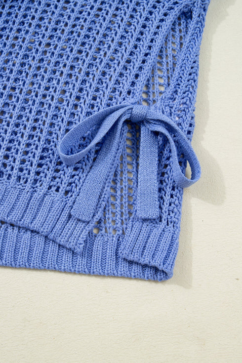 Solid Open Knit Bow Tie Detail Short Sleeve Sweater