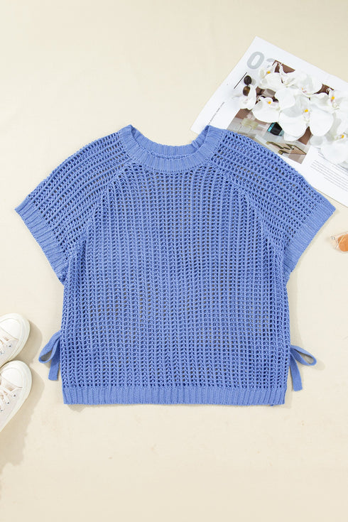 Solid Open Knit Bow Tie Detail Short Sleeve Sweater