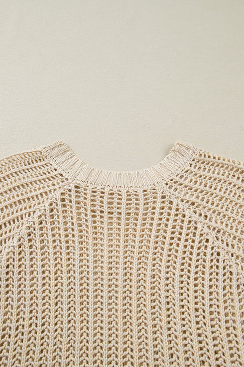Solid Open Knit Bow Tie Detail Short Sleeve Sweater