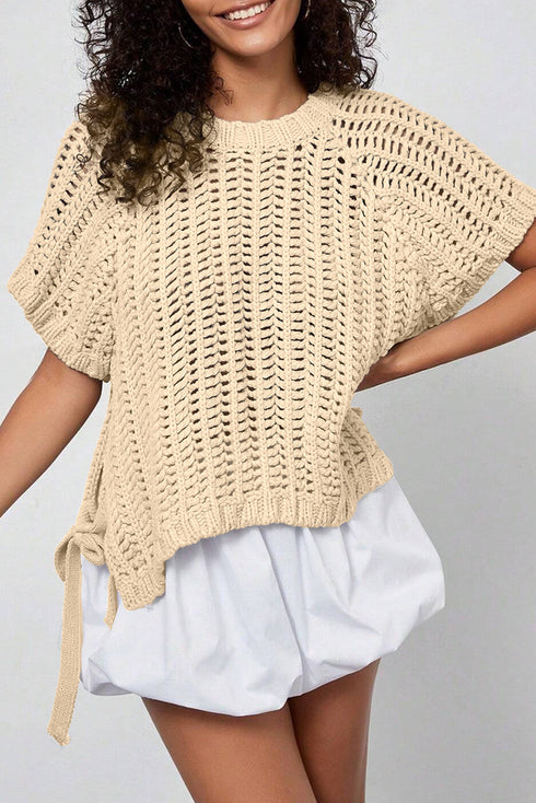 Solid Open Knit Bow Tie Detail Short Sleeve Sweater